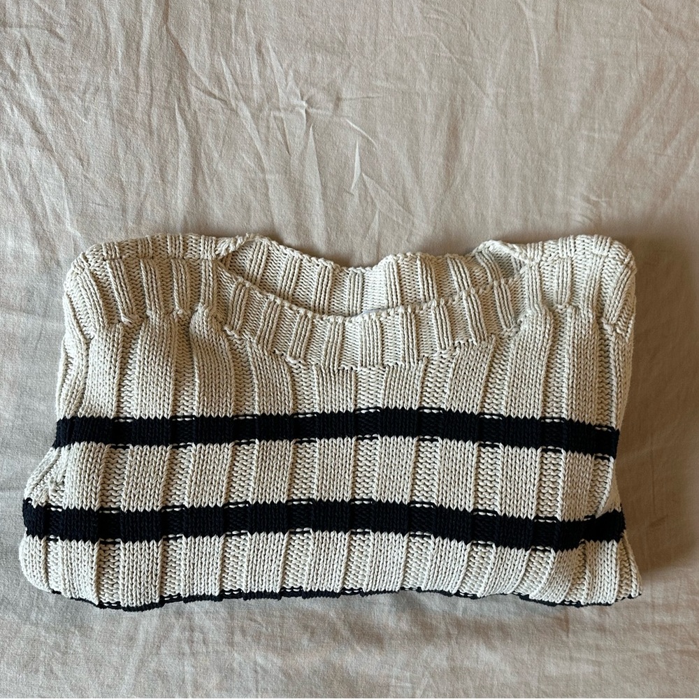 Zara Navy and Cream Striped Cable Knit Sweater